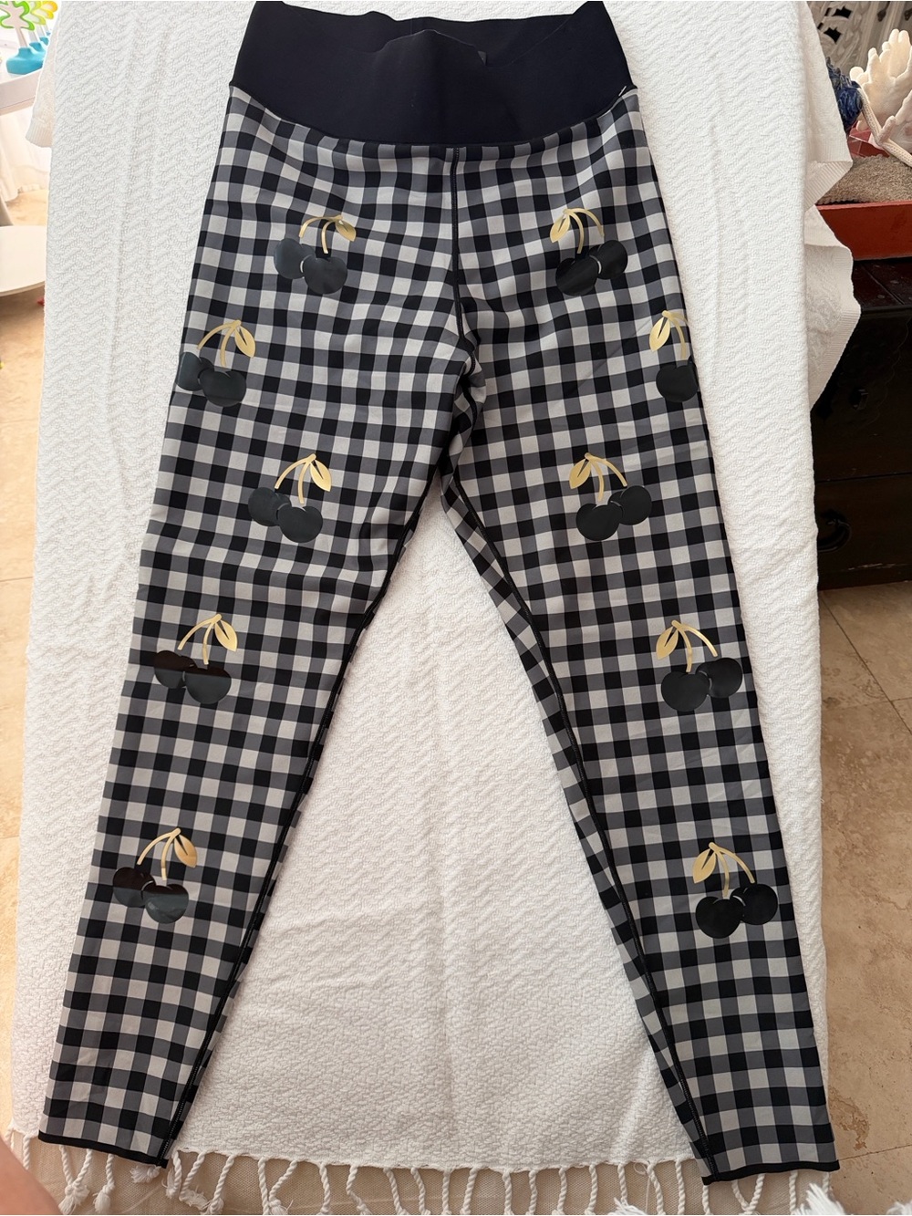 ultracor Black & White Gingham Leggings with Gold Cherry Accents - Picture 3 of 6